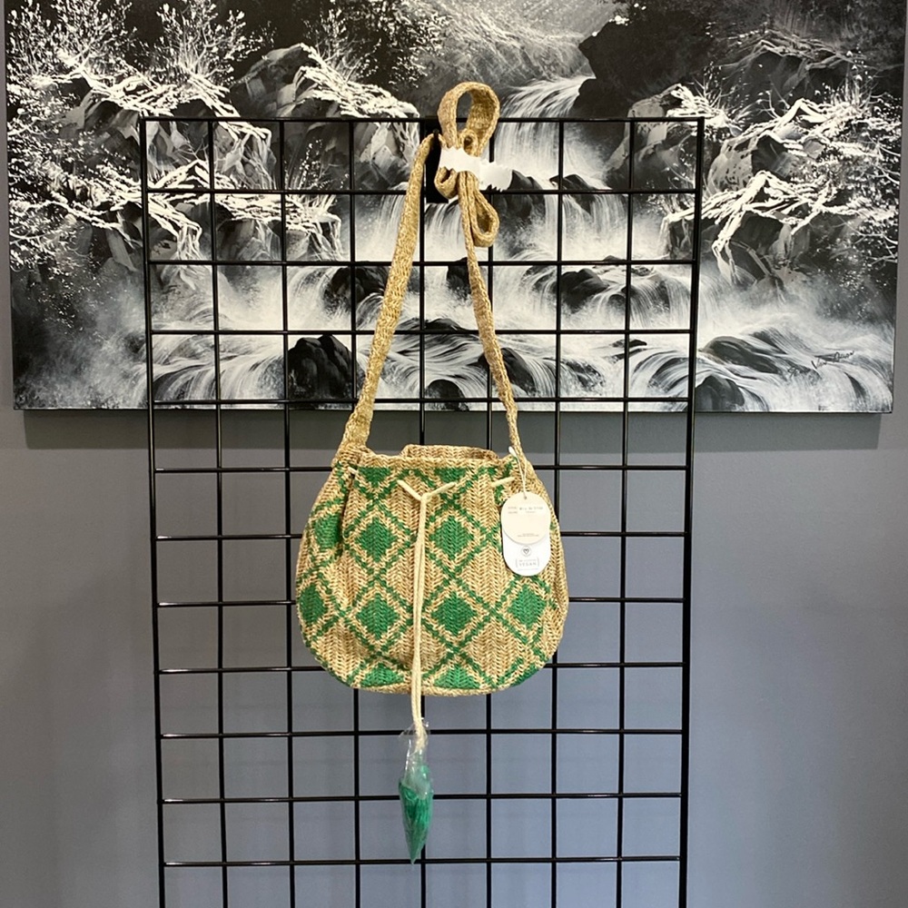Melie Bianco raffia draw string bag